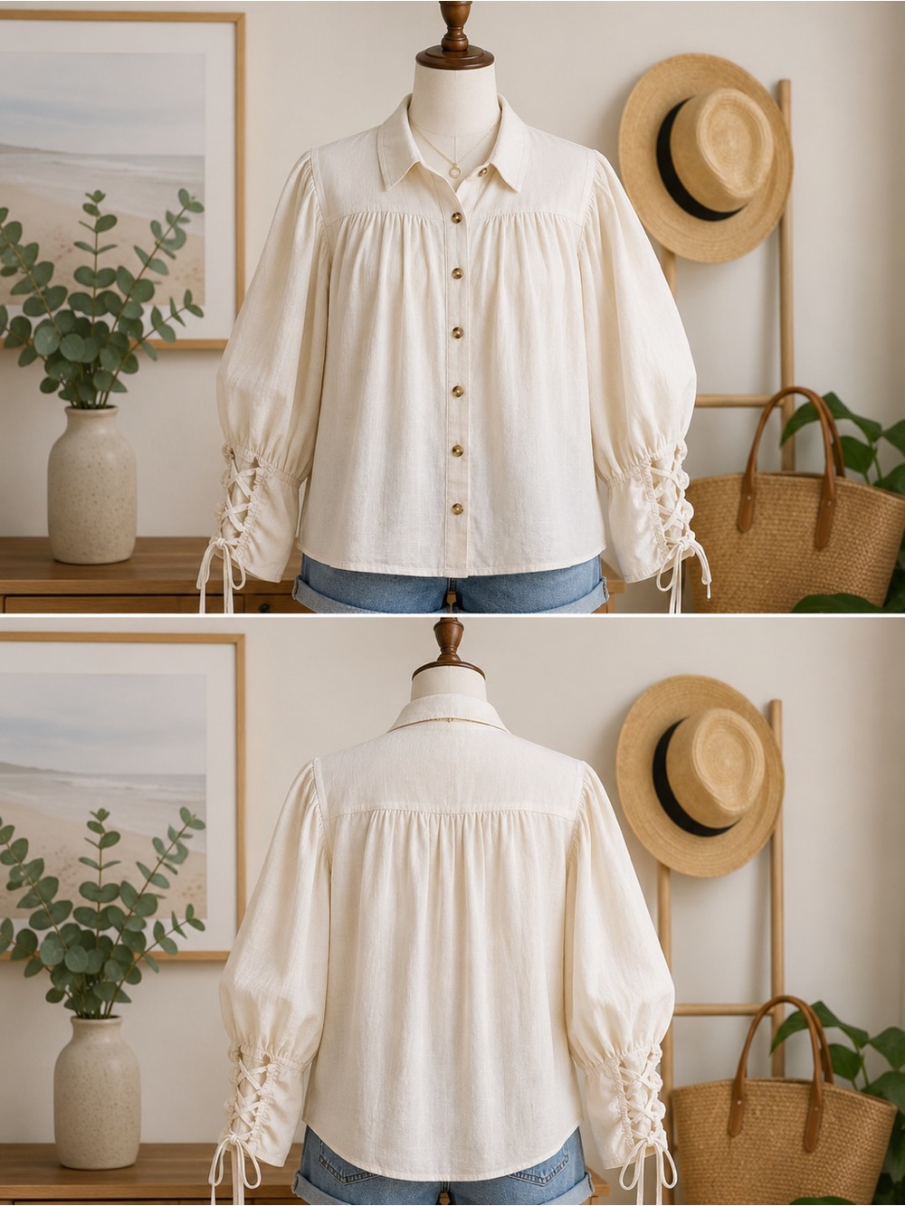Free People Boho Blouse Small Ivory Lace Up Sleeve Top Button Front